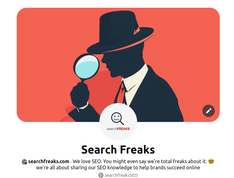 a screenshot of our profile page on Pinterest; SearchFreaksSEO