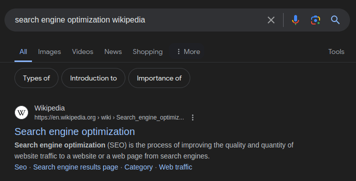 searching for the search engine optimization wiki on google